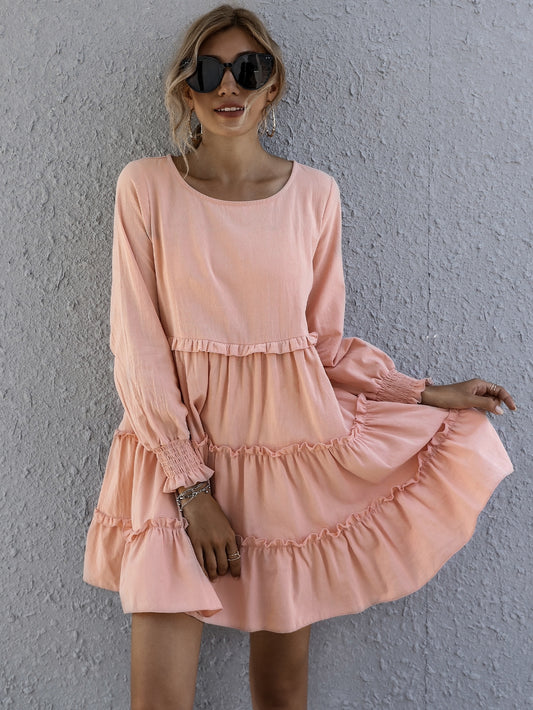 Shirred Cuff Layered Hem Smock Dress