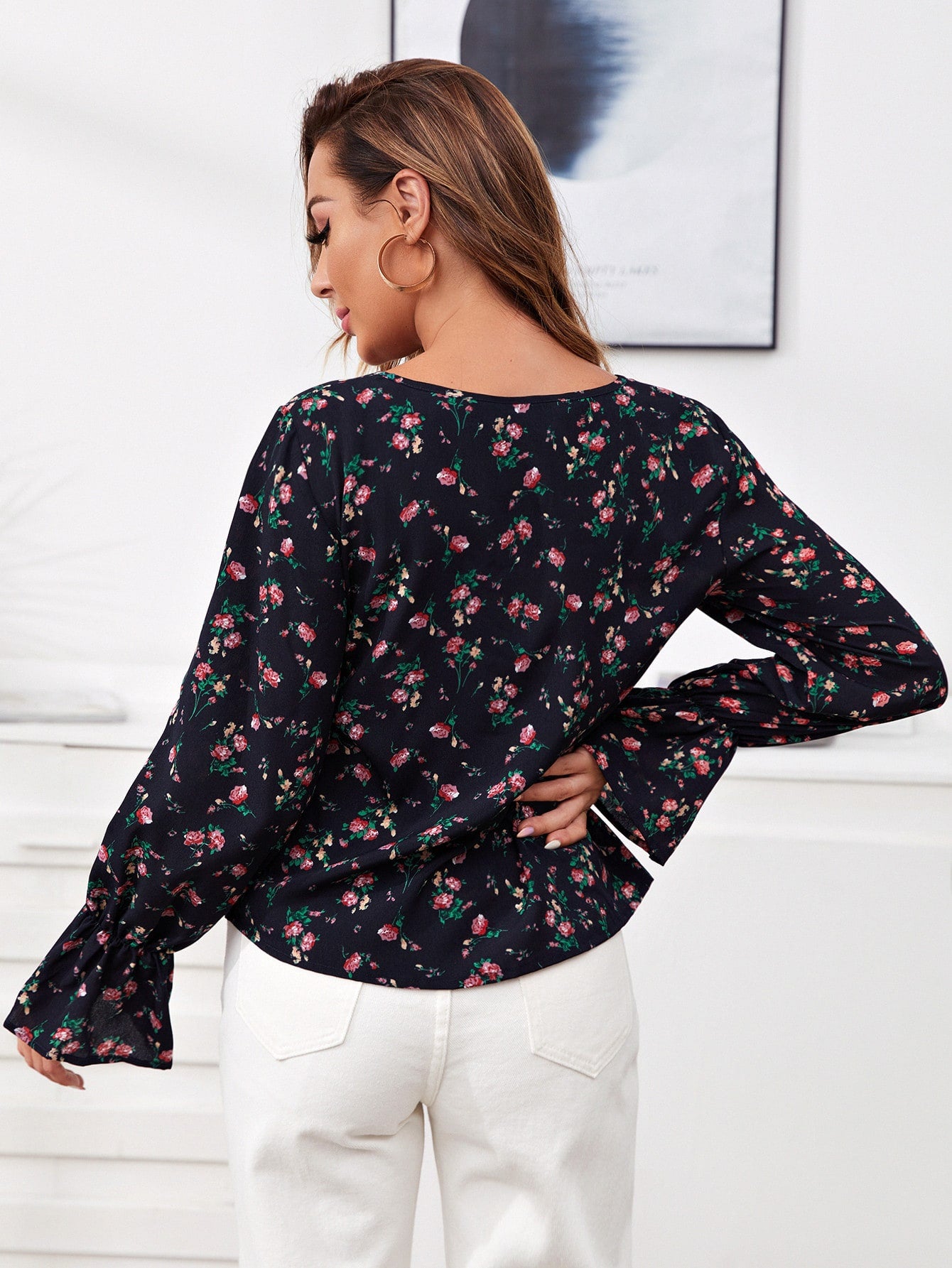 Flounce Sleeve Buttoned Front Floral Top