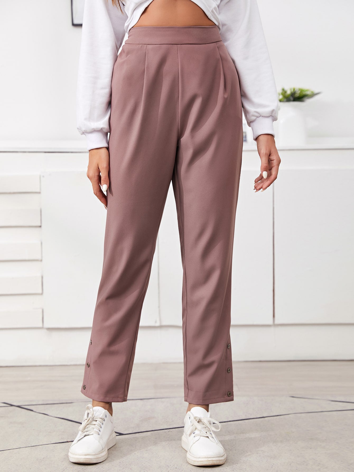 Fold Pleated Front Buttoned Hem Pants