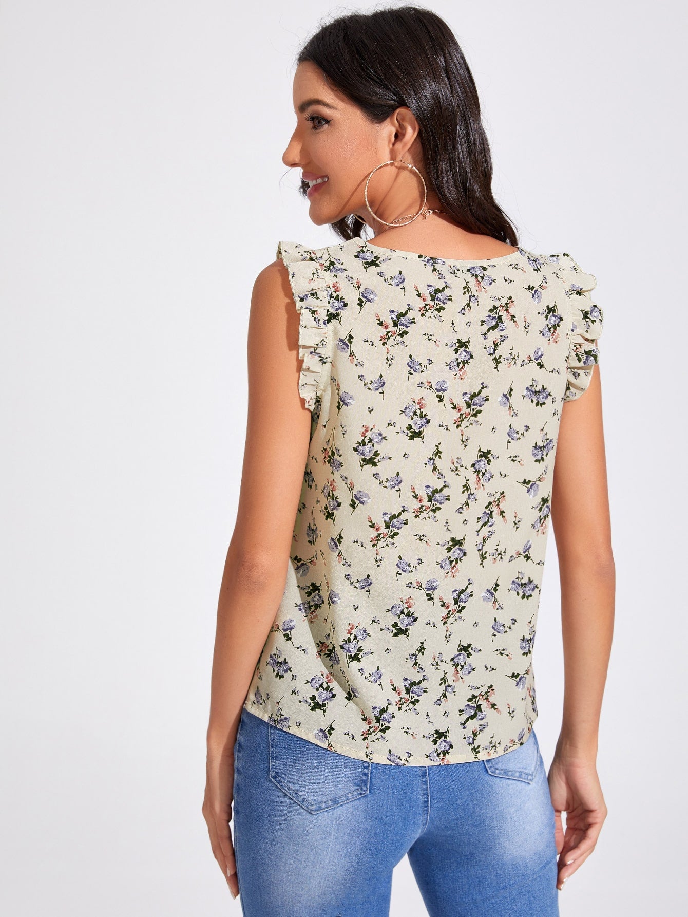 Gathered Neckline Ruffle Trim Floral Top