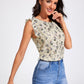 Gathered Neckline Ruffle Trim Floral Top