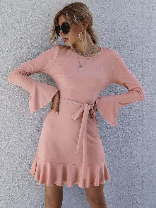 Ruffle Hem Belted Rib-knit Dress