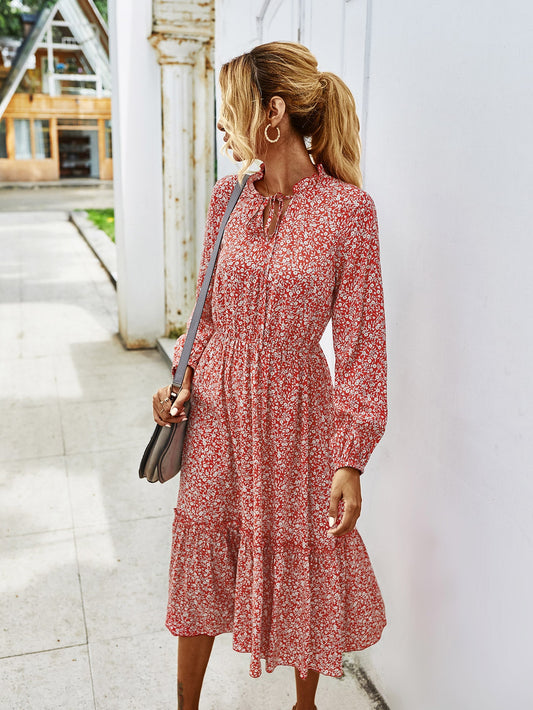 Ditsy Floral Tie Neck Frill Trim Dress