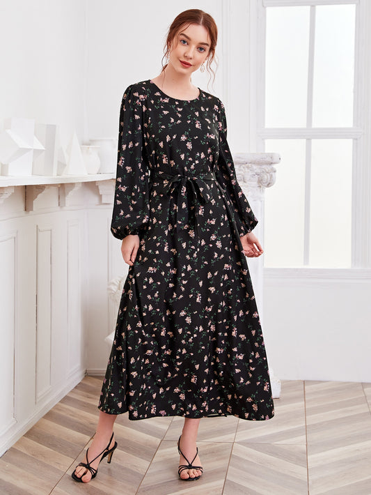 Floral Print Lantern Sleeve Belted Dress