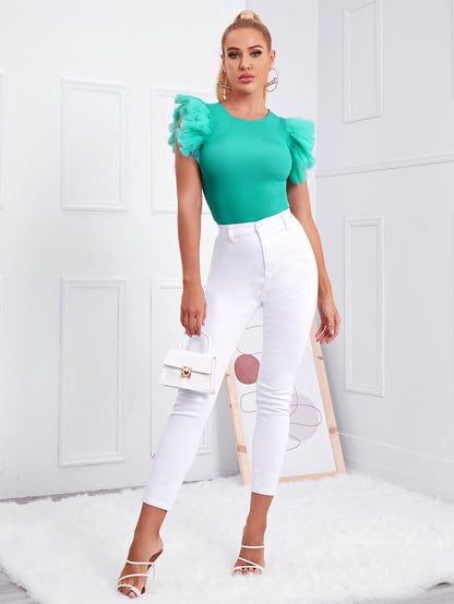 Contrast Mesh Butterfly Sleeve Rib-knit Top