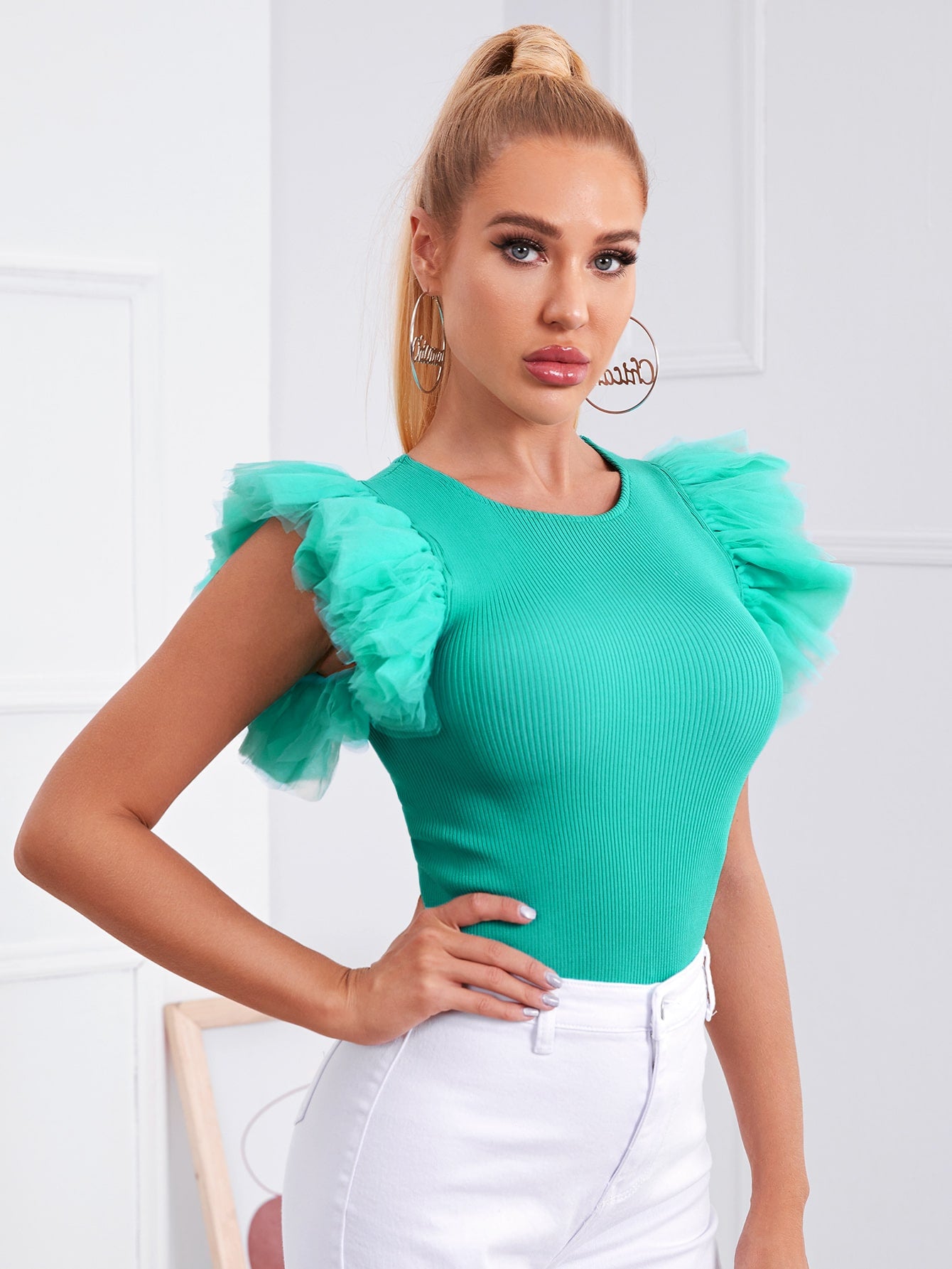 Contrast Mesh Butterfly Sleeve Rib-knit Top