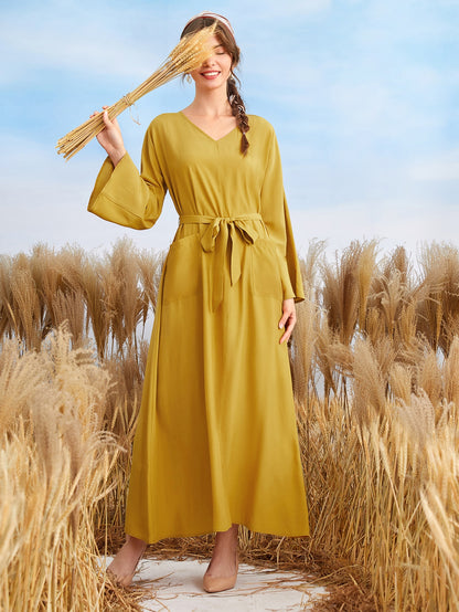 Solid Belted Dual Pocket Tunic Dress