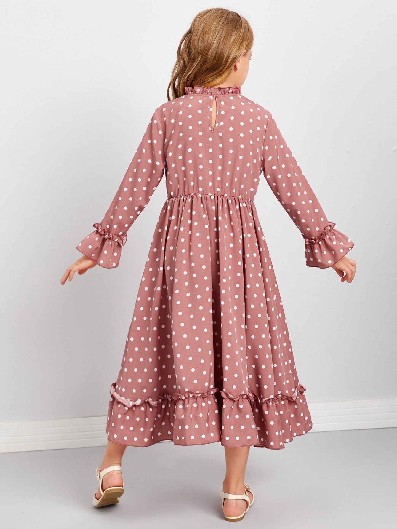 Girls Flounce Sleeve Frill Detail Polka Dot Dress