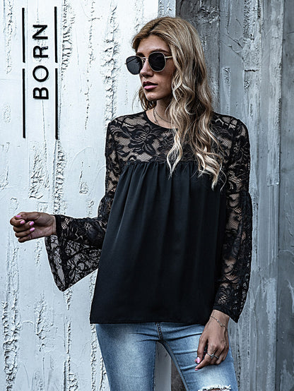 Sheer Lace Yoke Flounce Sleeve Keyhole Back Top