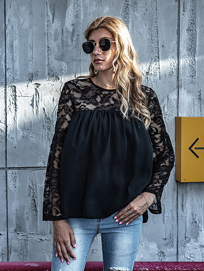Sheer Lace Yoke Flounce Sleeve Keyhole Back Top