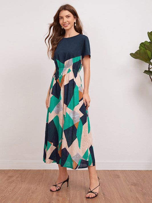 Geo Panel Crew Neck A-line Dress