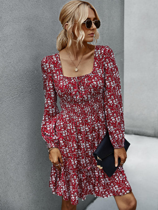 Floral Print Shirred Waist Ruffle Hem Dress