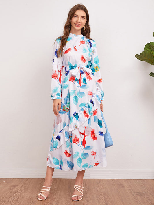 Floral Print Ruffle Trim Belted Dress