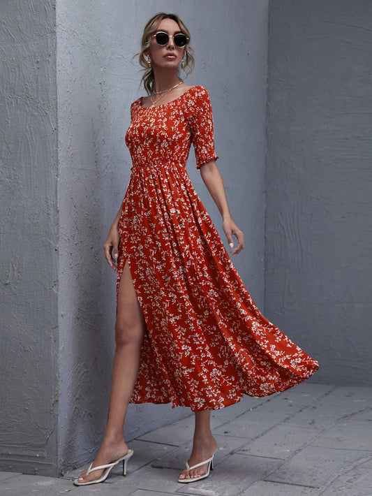 Shirred Bodice Split Thigh Floral Dress