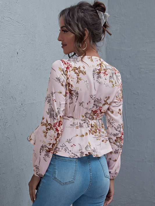 Floral Print Tie Front Peplum Top