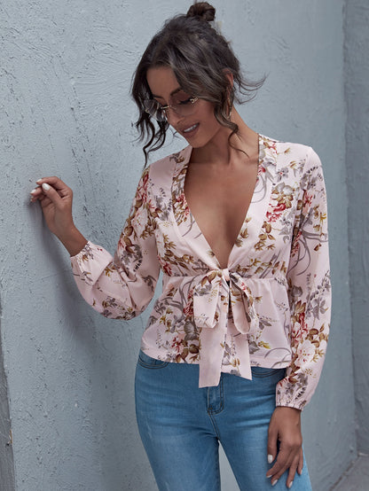 Floral Print Tie Front Peplum Top