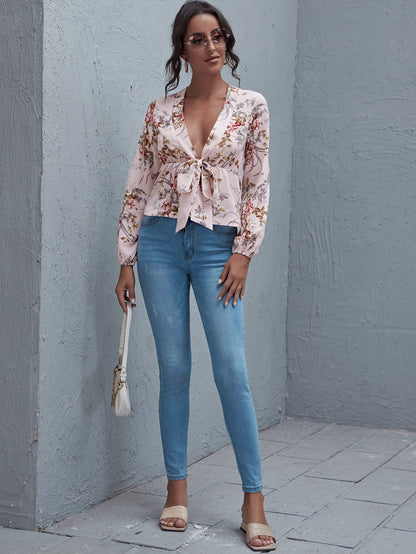 Floral Print Tie Front Peplum Top