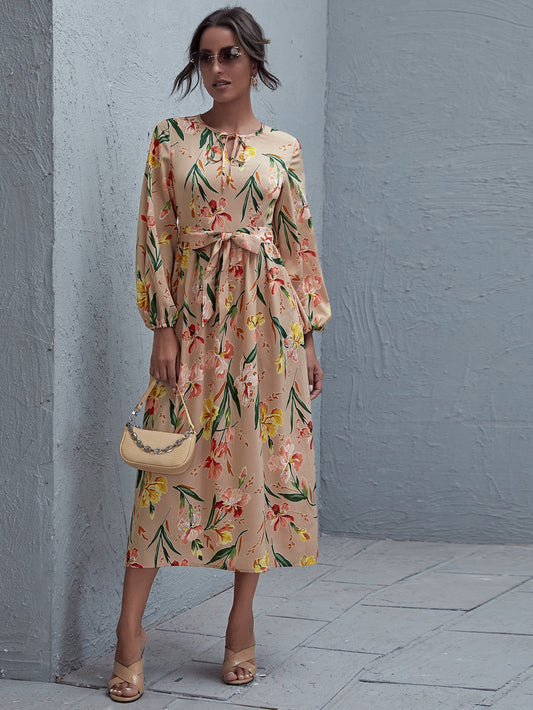 Tie Neck Belted Lantern Sleeve Floral Dress