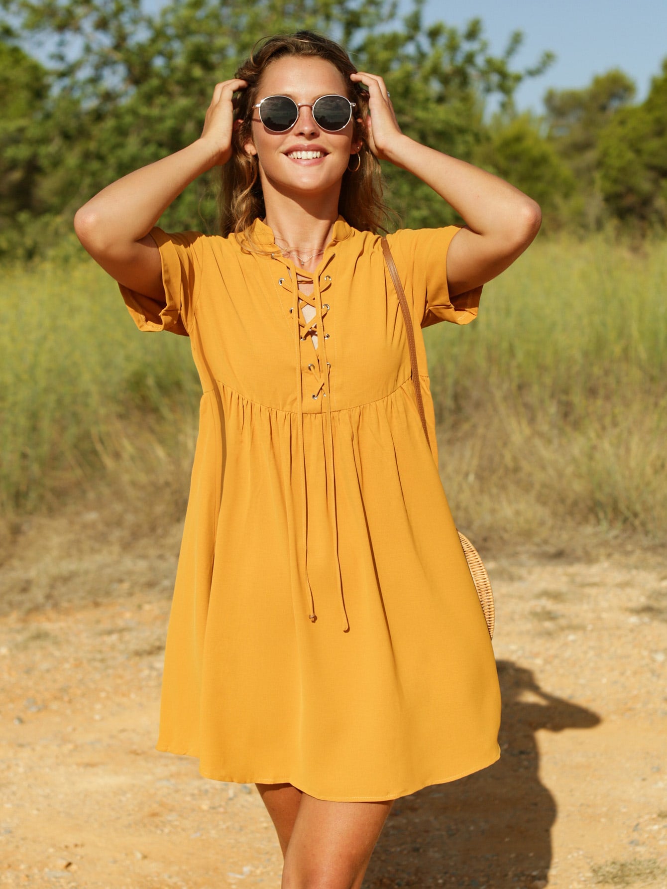 Lace Up Front Roll Up Sleeve Smock Dress