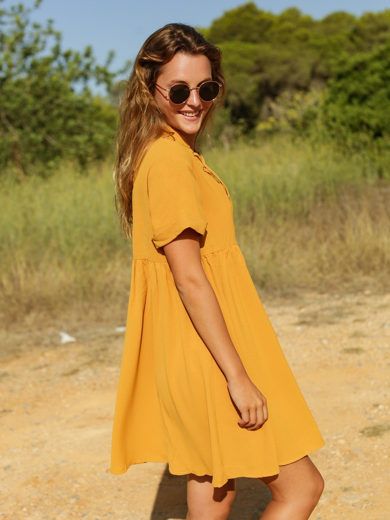 Lace Up Front Roll Up Sleeve Smock Dress