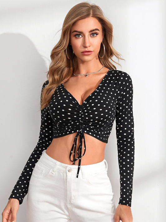 Polka Dot Drawstring Ruched Front Crop Tee