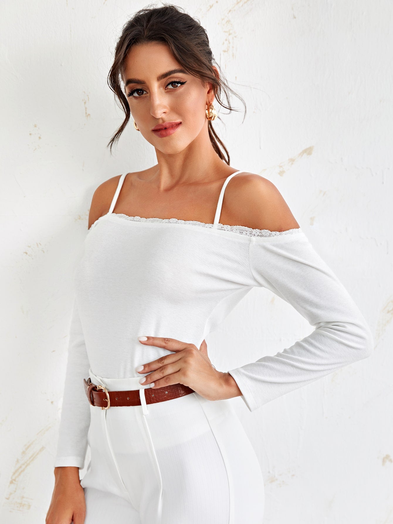 Contrast Lace Cold Shoulder Tee