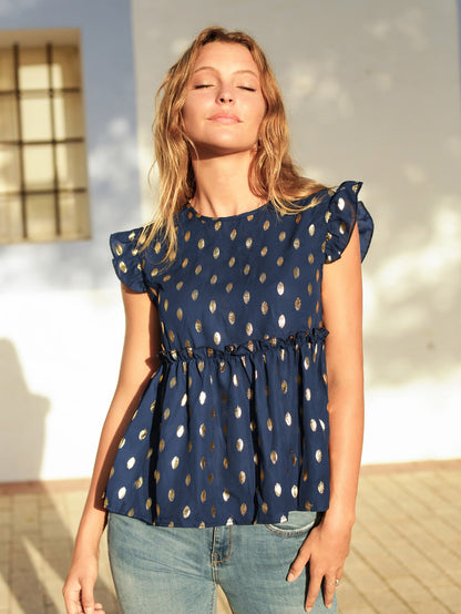 Gold Polka Dotted Frill Trim High Low Hem Blouse