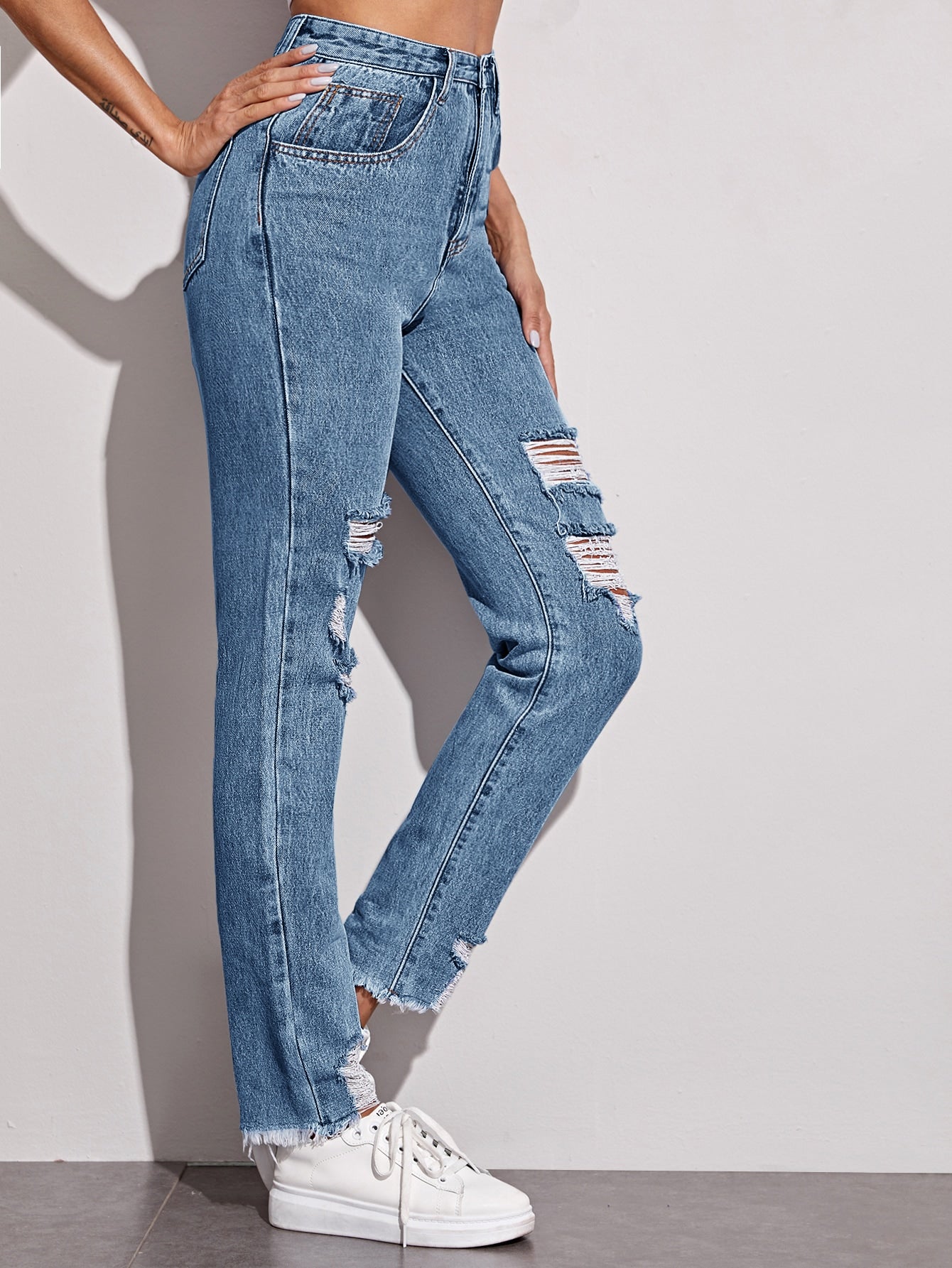 Ripped Raw Hem Washed Jeans