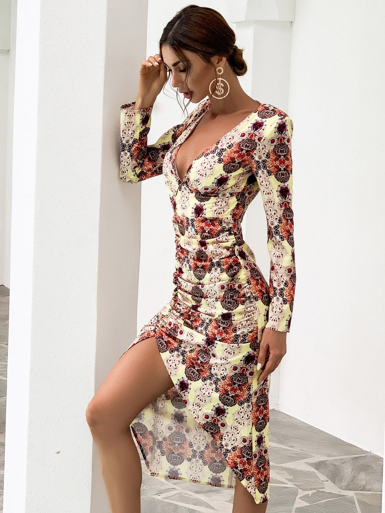 Plunge Neck Ruched All Over Print Dress