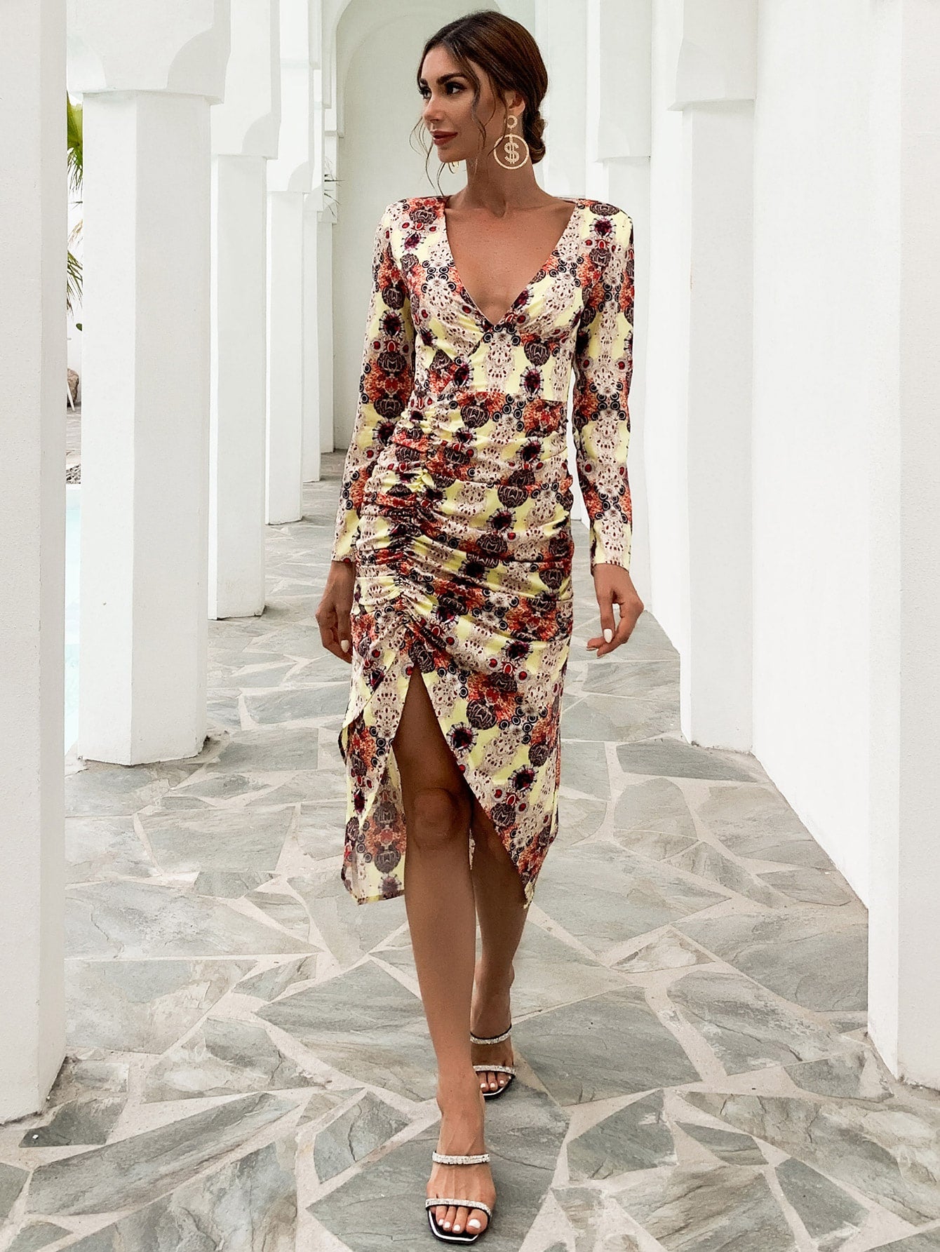 Plunge Neck Ruched All Over Print Dress