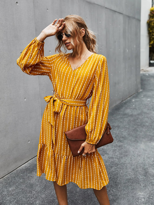 V Neck Ruffle Hem Belted Dress