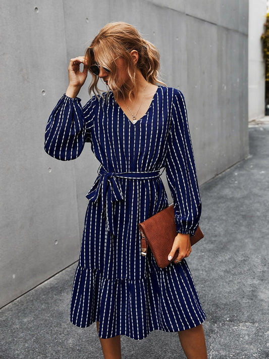 Vertical Striped Self Tie Ruffle Hem Dress