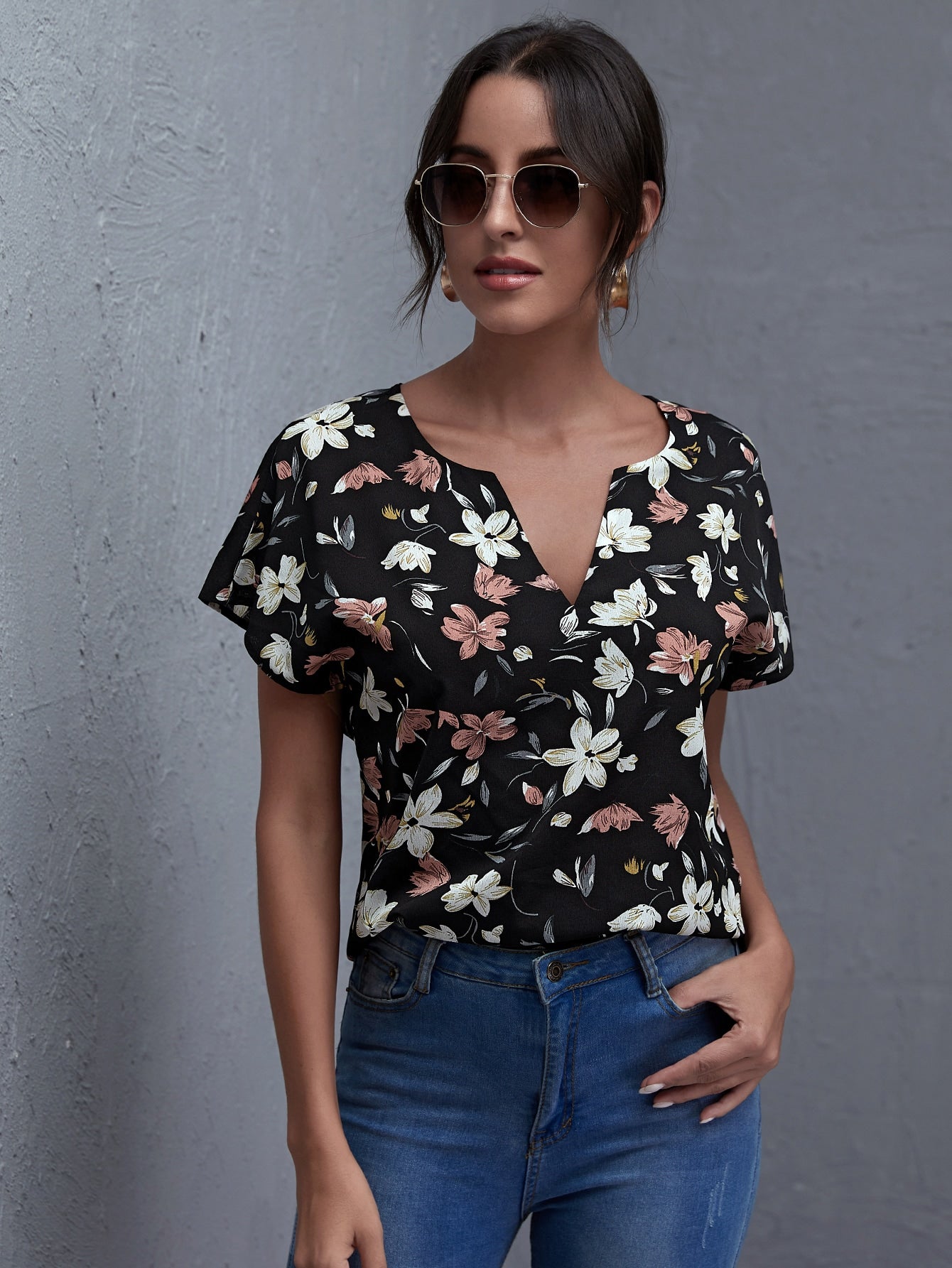 Notch Neck Batwing Sleeve Floral Top
