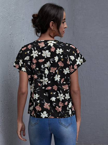 Notch Neck Batwing Sleeve Floral Top