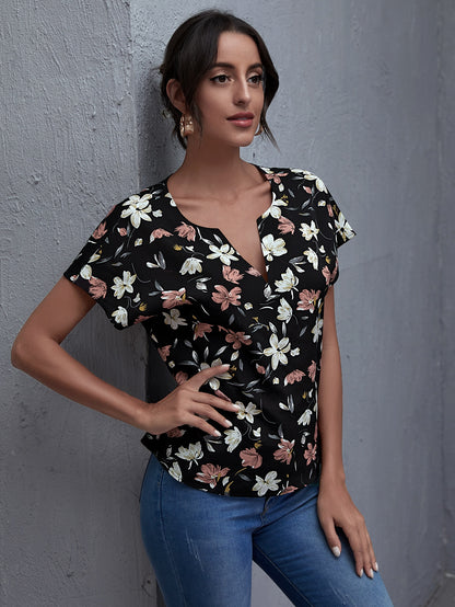 Notch Neck Batwing Sleeve Floral Top