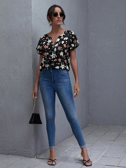 Notch Neck Batwing Sleeve Floral Top