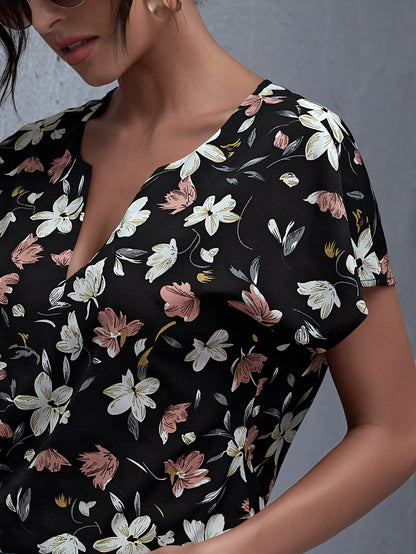 Notch Neck Batwing Sleeve Floral Top