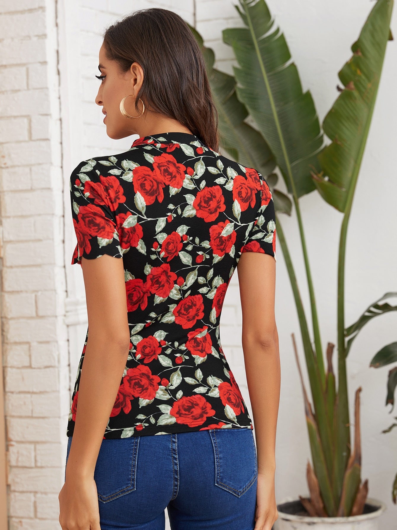 Allover Floral Cut Out Front Tee