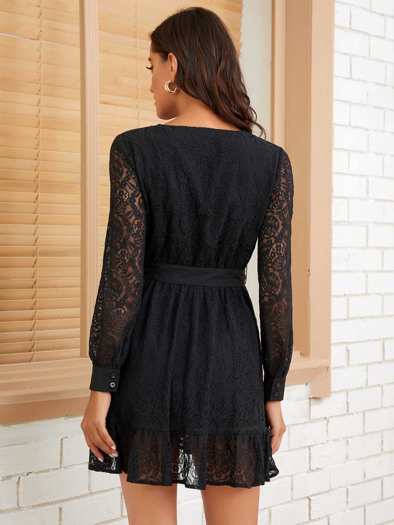 Guipure Lace Surplice Front Belted A-line Dress