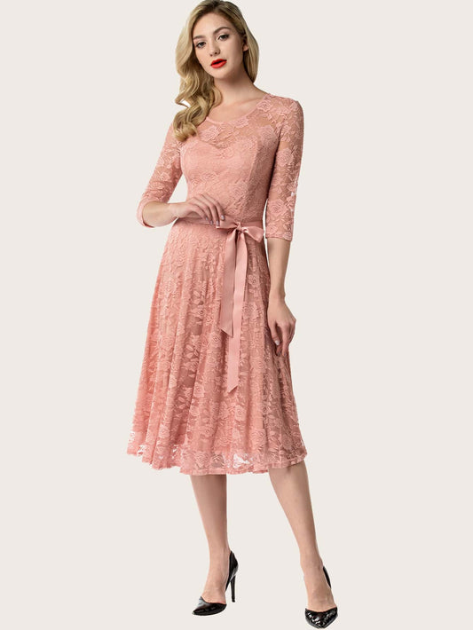 Sheer Yoke Self Belted Lace Dress