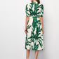 Single Breasted Puff Sleeve Belted Tropical Print Dress