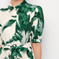 Single Breasted Puff Sleeve Belted Tropical Print Dress