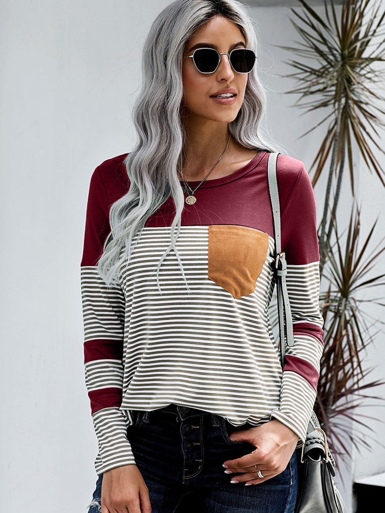 Contrast Panel Striped Pocket Patched Tee