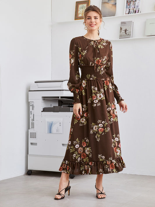 Floral Tie Neck Shirred Frill A-line Dress