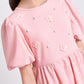 Girls Pearl Beaded 3D Floral Applique Puff Sleeve Dress