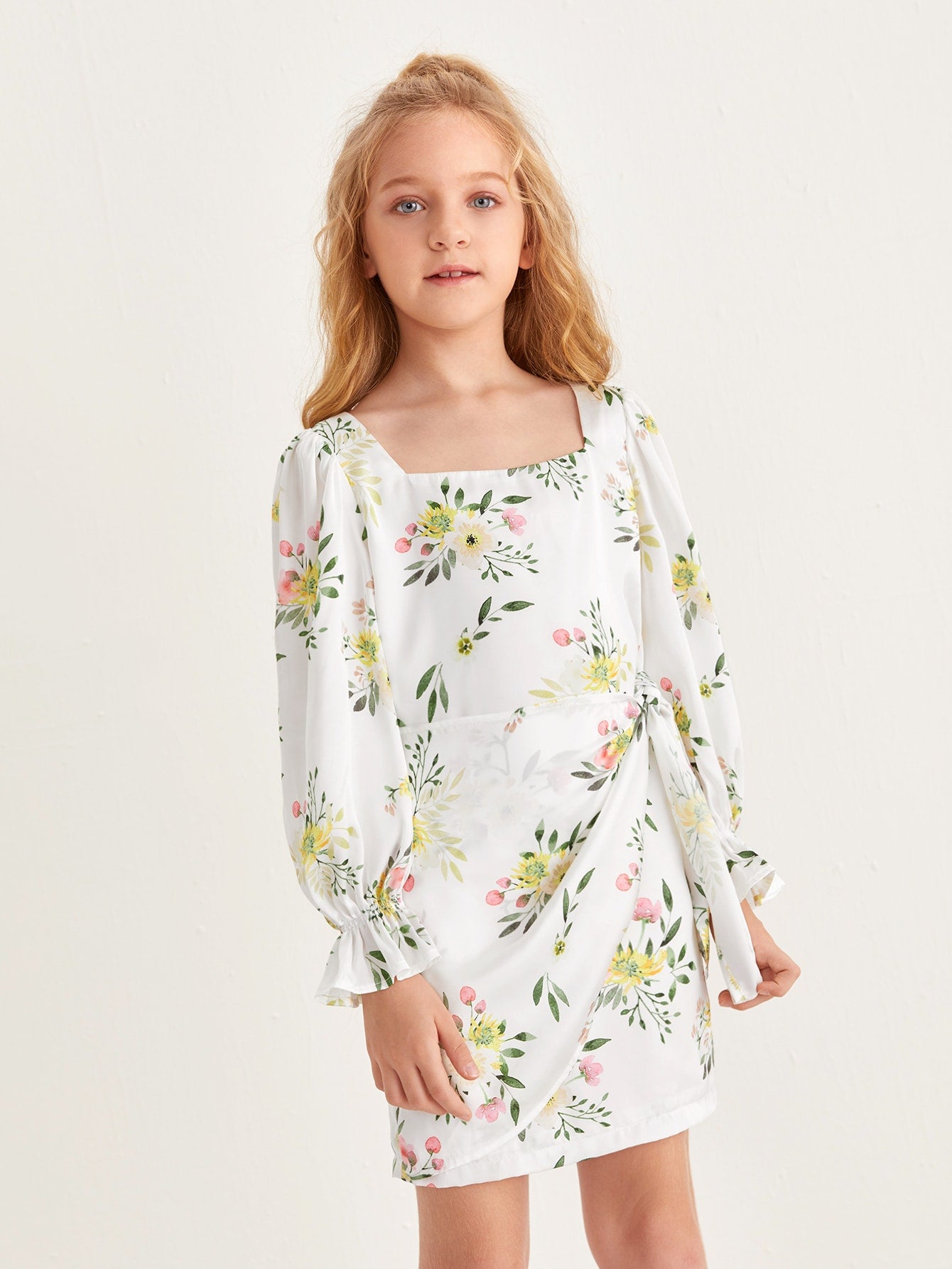 Girls Knot Side Floral Print Dress