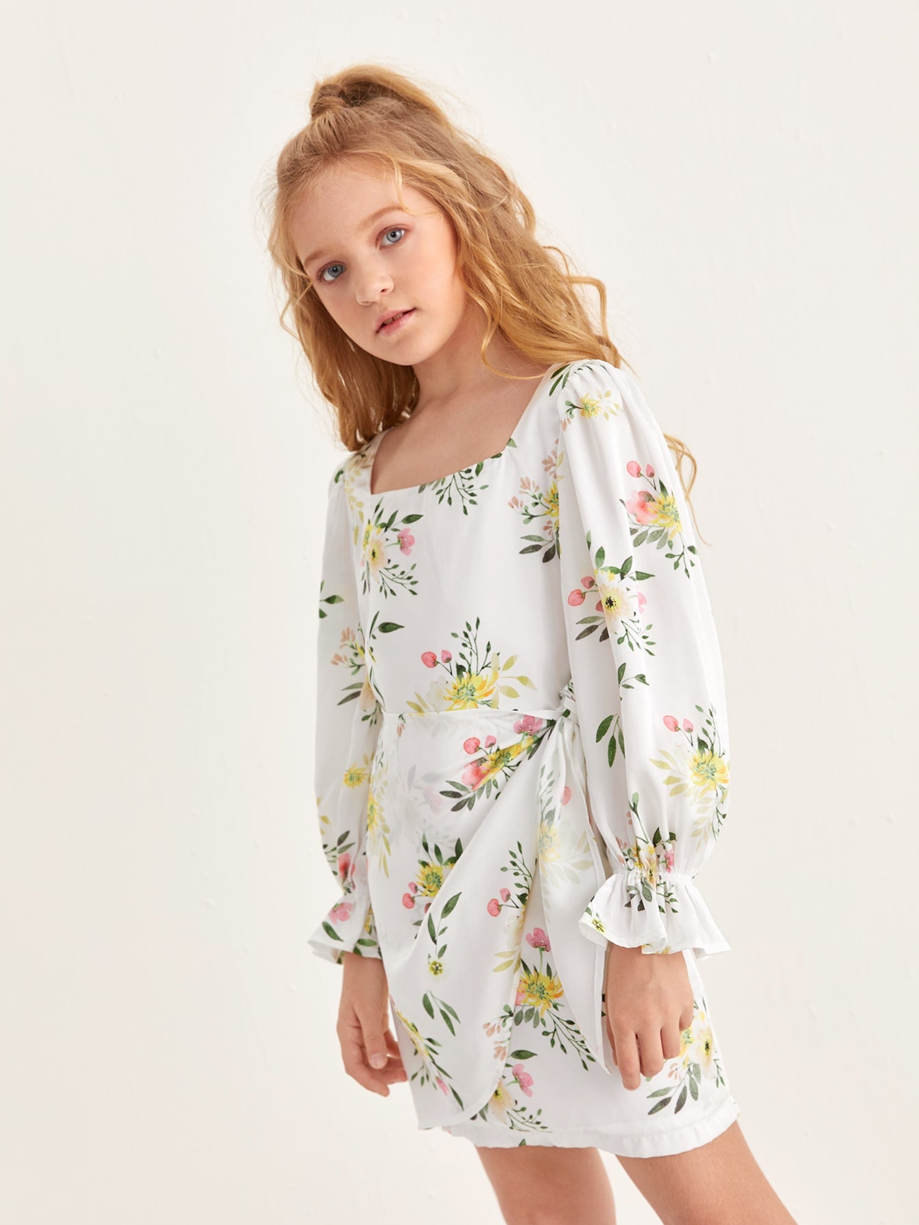 Girls Knot Side Floral Print Dress