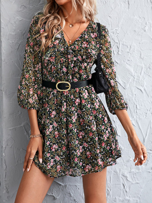 Floral Print Ruffle Trim Dress Without Belt
