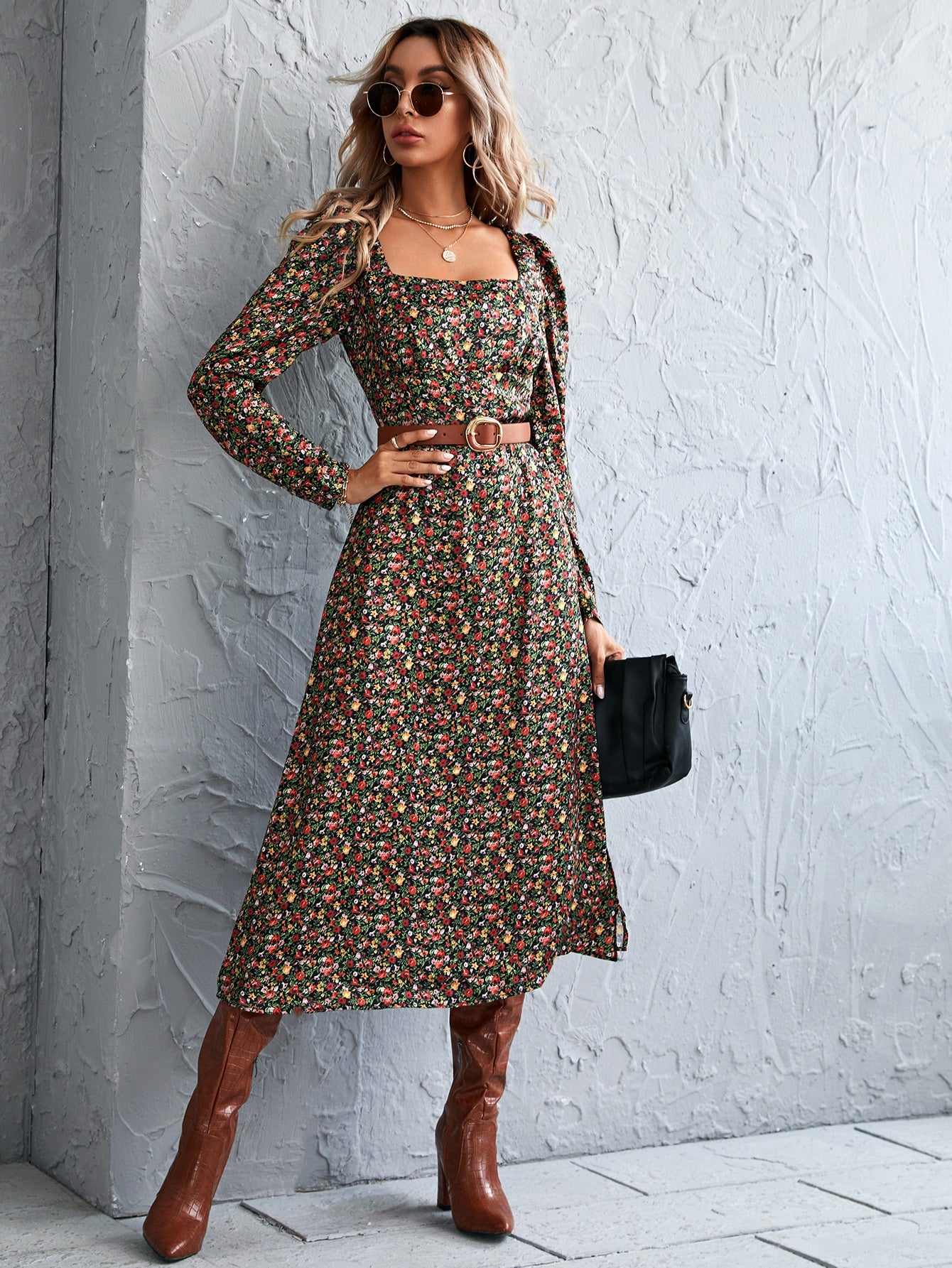 Square Neck Ditsy Floral Dress Without Belt