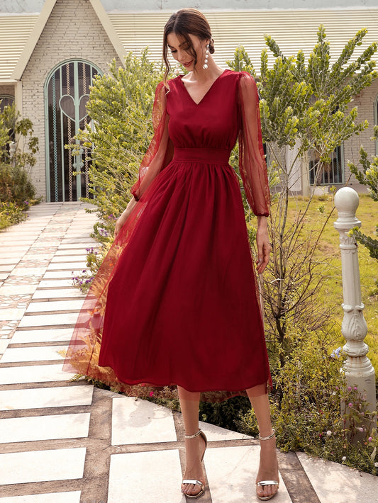Zip Back Sheer Sleeve Mesh Overlay Dress